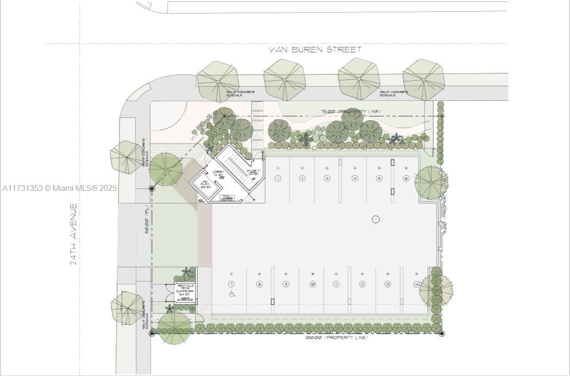 This is a site plan rendering showing a building footprint, parking spaces, and landscaping — 307 S 24th Ave, Hollywood FL 33020, HOLLYWOOD, FL