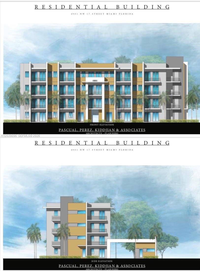 This architectural rendering shows the front and side elevations of a modern residential building — 4923 NW 17th Ave, Miami FL 33142, MIAMI, FL