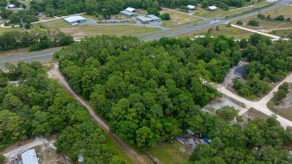 An aerial view shows a dense wooded lot bordered by roads and nearby rural buildings — RACHEL AVE & HWY 19 N, INGLIS, FL