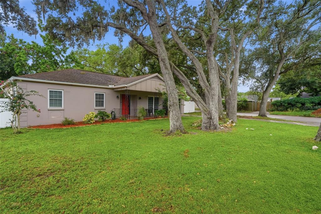 A single-story house with a red front door and large oak trees in the yard — 1901 E DIANA STREET, TAMPA, FL