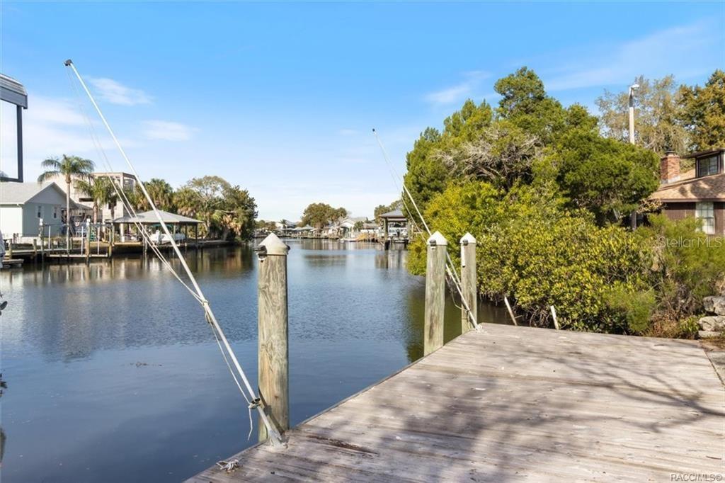 A wooden boat dock extends over a canal surrounded by trees and residential homes — 11684 W SUNNYBROOK COURT, CRYSTAL RIVER, FL