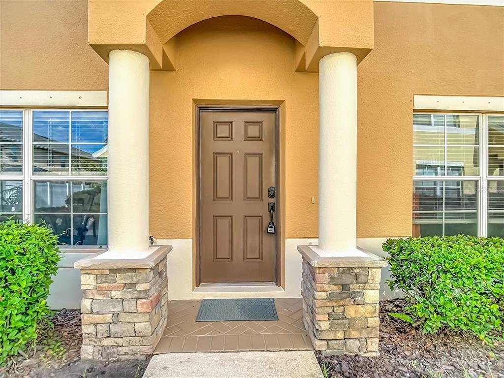 The front entrance features a brown door flanked by two stone-based columns — 9838 TRUMPET VINE LOOP, TRINITY, FL
