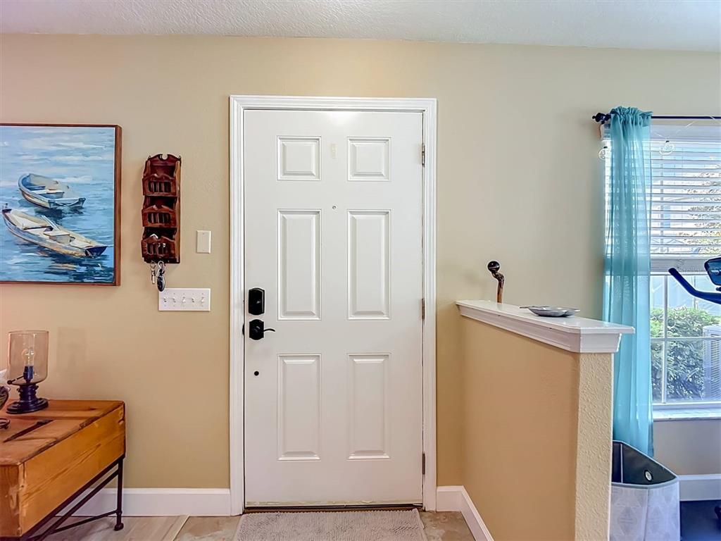 A white front door is centered in a room with tan walls and a side window — 9838 TRUMPET VINE LOOP, TRINITY, FL