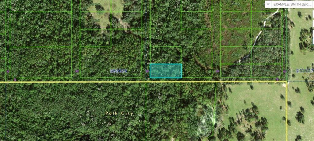 An aerial map view shows a highlighted rectangular parcel of land surrounded by dense forest — COMMONWEALTH AVE N, POLK CITY, FL