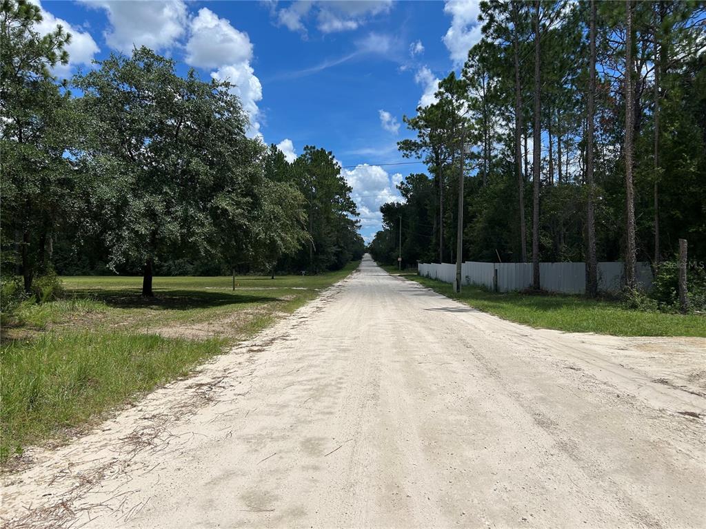 A long, unpaved dirt road stretches between a grassy field and a wooded area — 0000 SE 25TH STREET, MORRISTON, FL