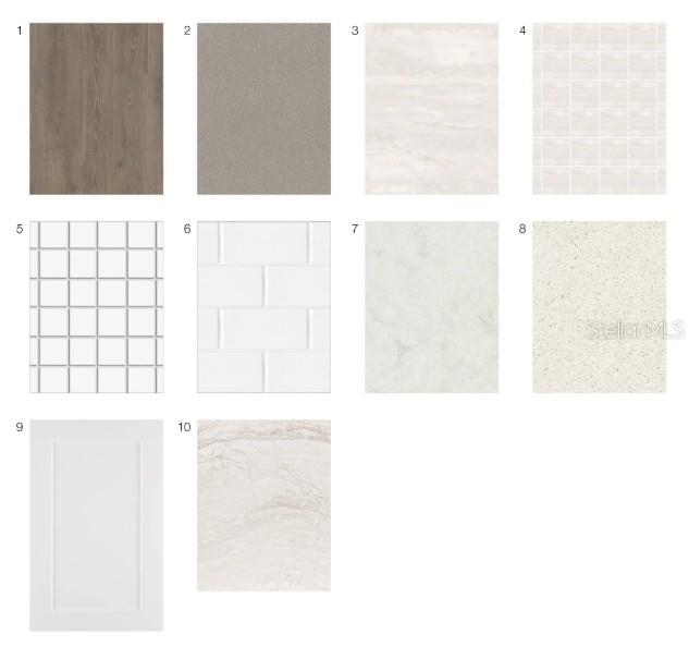 This image is a collage of ten interior design material samples, including flooring, tile, and cabinetry — 26200 ATRANI DRIVE, ENGLEWOOD, FL