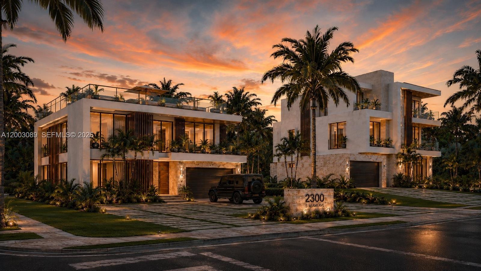 This is a rendering of two modern luxury homes with palm trees at sunset — 2300 S Miami Ave, Miami FL 33129, MIAMI, FL