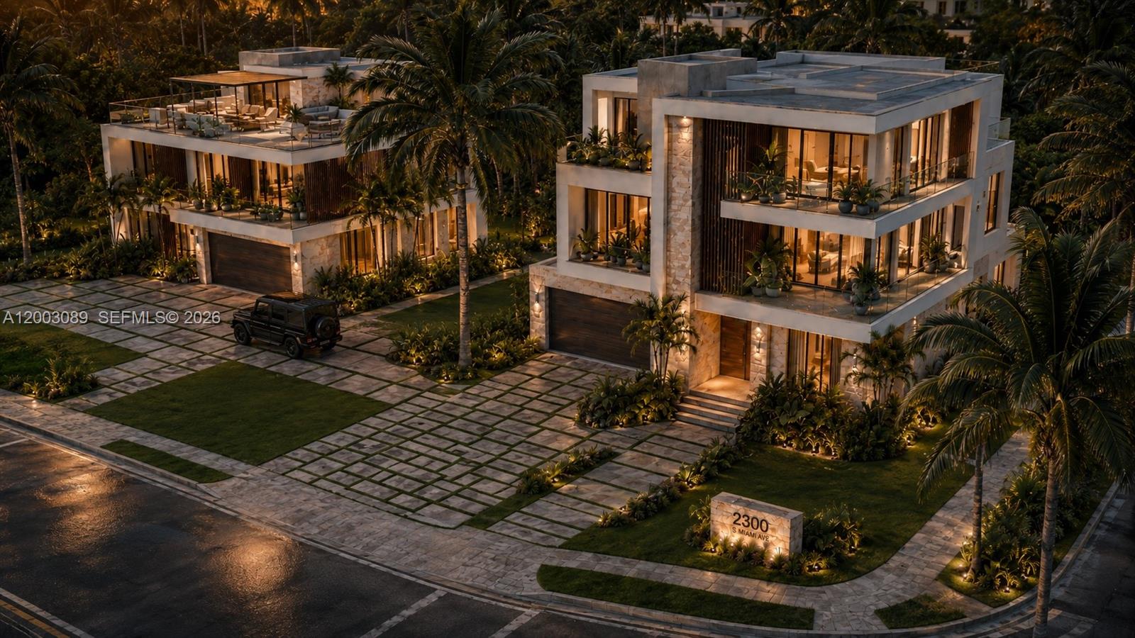 This is a rendering of two modern multi-story homes with paved driveways and palm trees — 2300 S Miami Ave, Miami FL 33129, MIAMI, FL