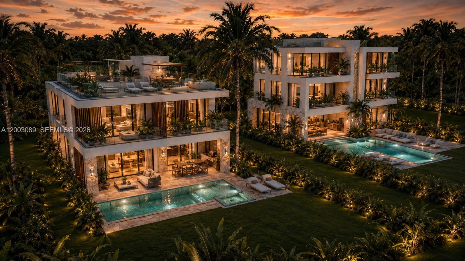 This is a digital rendering of two modern multi-story villas with pools at sunset — 2300 S Miami Ave, Miami FL 33129, MIAMI, FL