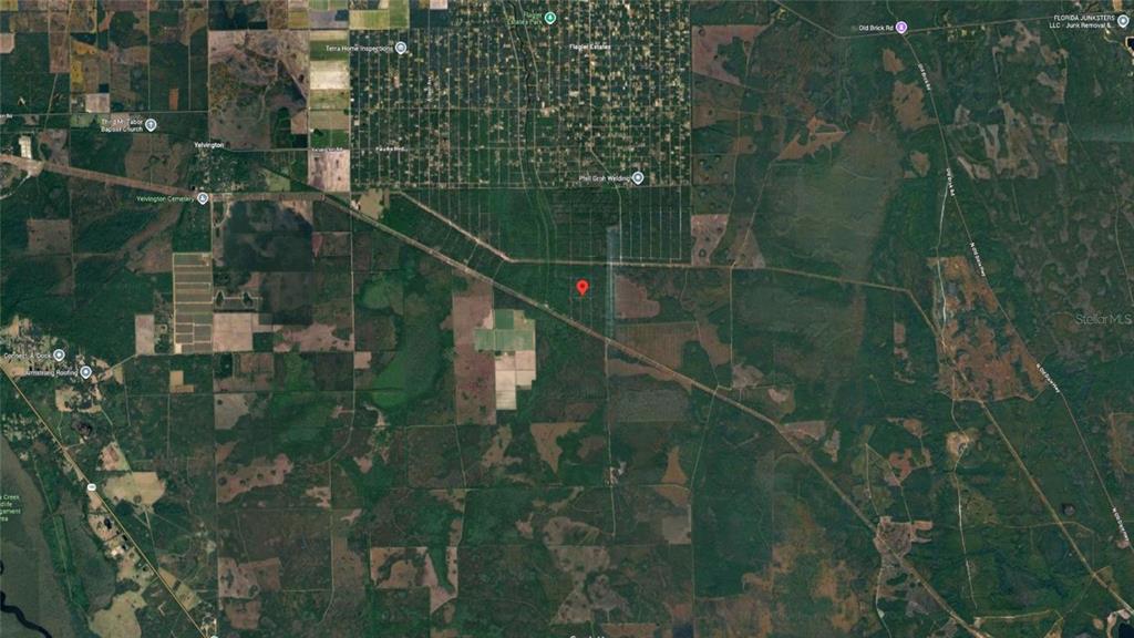 This is a satellite map view showing a red location pin on a wooded lot — 21-10-28-2775-00040-1020 OLSON STREET, HASTINGS, FL