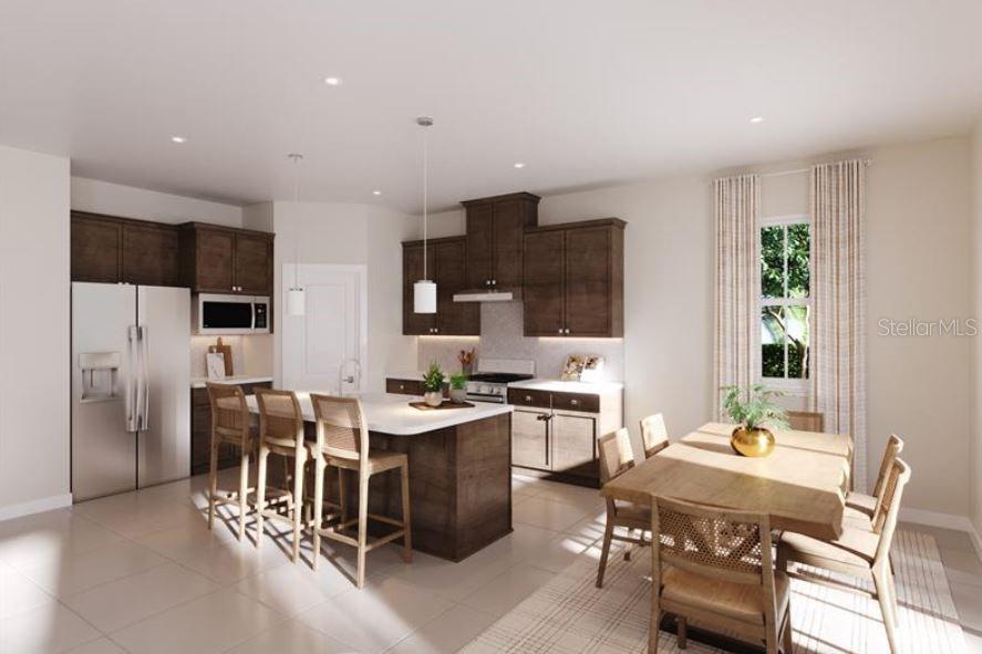 This rendering shows a kitchen and dining area with dark wood cabinets and a central island — 6378 CEDAR LANDING CIRCLE, LEESBURG, FL