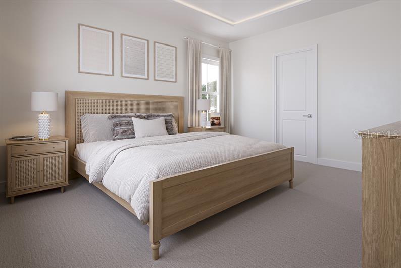 This is a rendering of a bedroom with a light wood bed frame and nightstands — 6378 CEDAR LANDING CIRCLE, LEESBURG, FL
