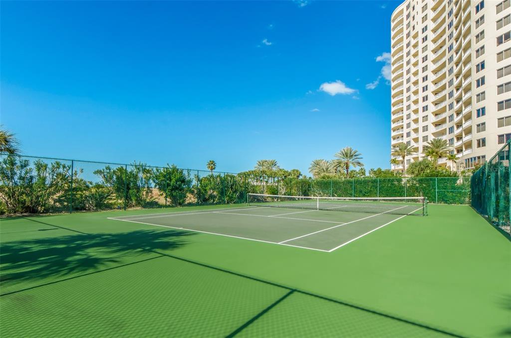 A green tennis court with a net is surrounded by a chain-link fence and palm trees — 1230 GULF BOULEVARD UNIT 1404, CLEARWATER, FL