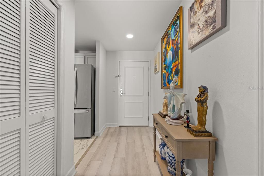 An entryway features light wood-look flooring, a console table with decor, and a white door — 345 BAYSHORE BOULEVARD UNIT 706, TAMPA, FL