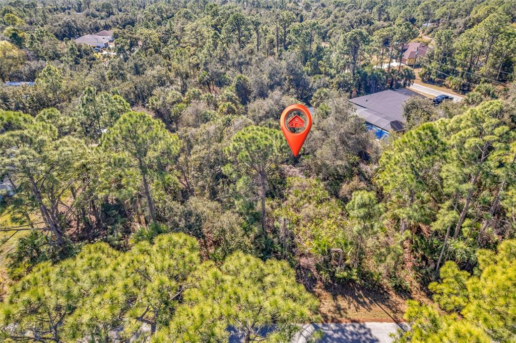An aerial view shows a wooded lot with a red house icon marker — DE BRITA ROAD, NORTH PORT, FL