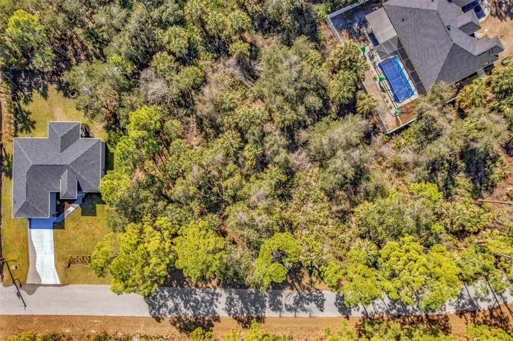 An aerial view shows two houses separated by a large, wooded lot along a road — DE BRITA ROAD, NORTH PORT, FL