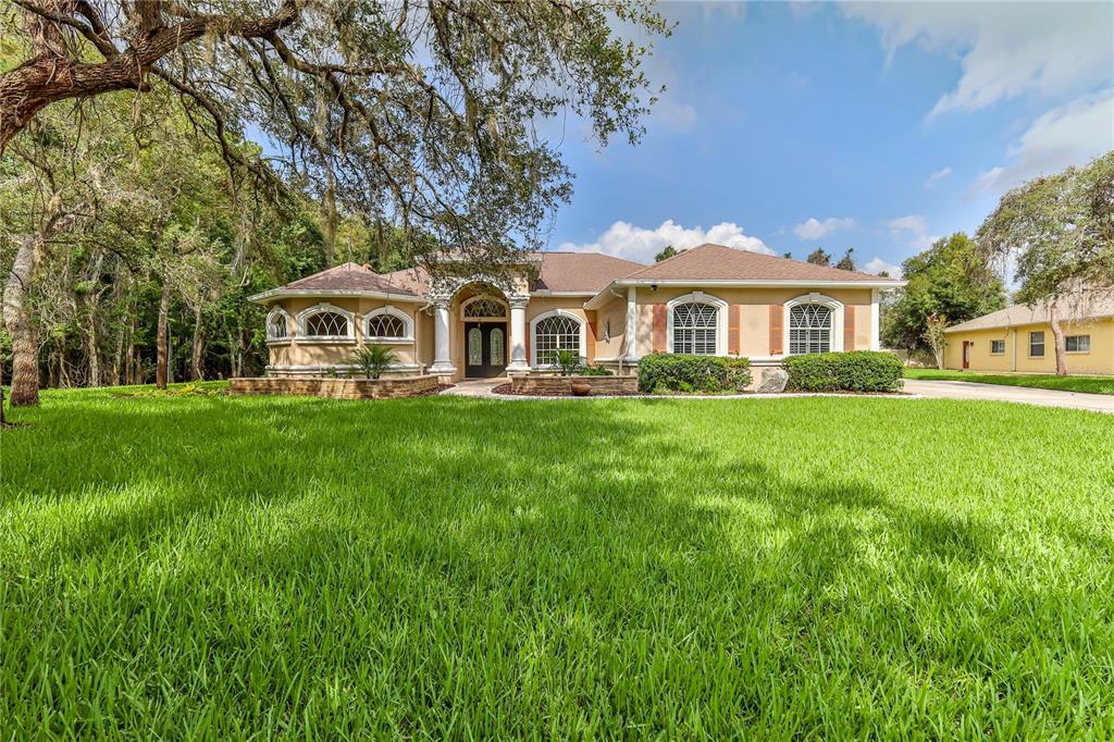 An empty dining room with wood-look flooring, a crystal chandelier, and a large arched window — 11644 PARABLE COURT, NEW PORT RICHEY, FL
