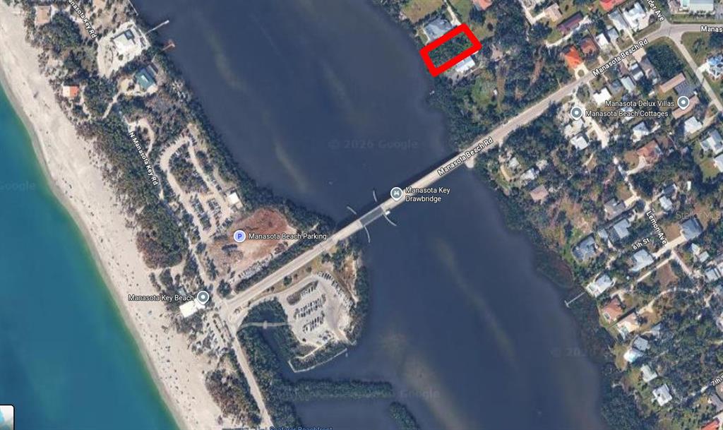 This is an aerial map showing a highlighted property near the Manasota Key Drawbridge — LARSON STREET, ENGLEWOOD, FL
