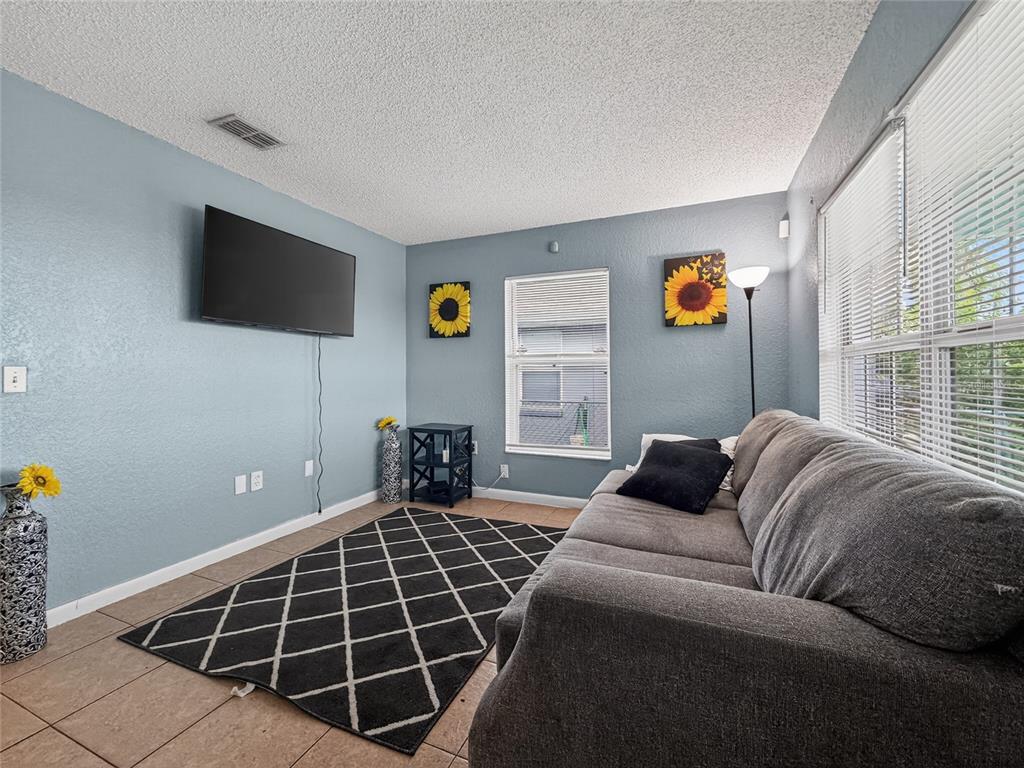 A living room features light blue walls, a gray sofa, a patterned rug, and a television — 1155 W 5TH STREET, LAKELAND, FL