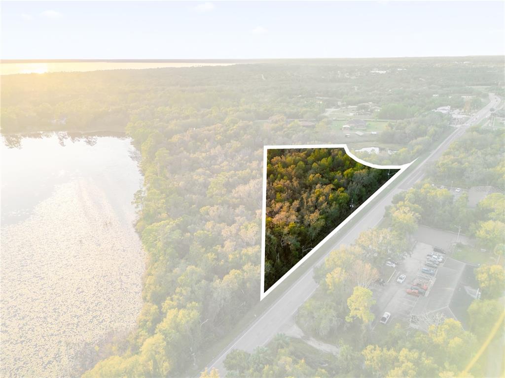 An aerial view shows a wooded lot outlined in white next to a road and lake — 1785 DOYLE ROAD, DELTONA, FL