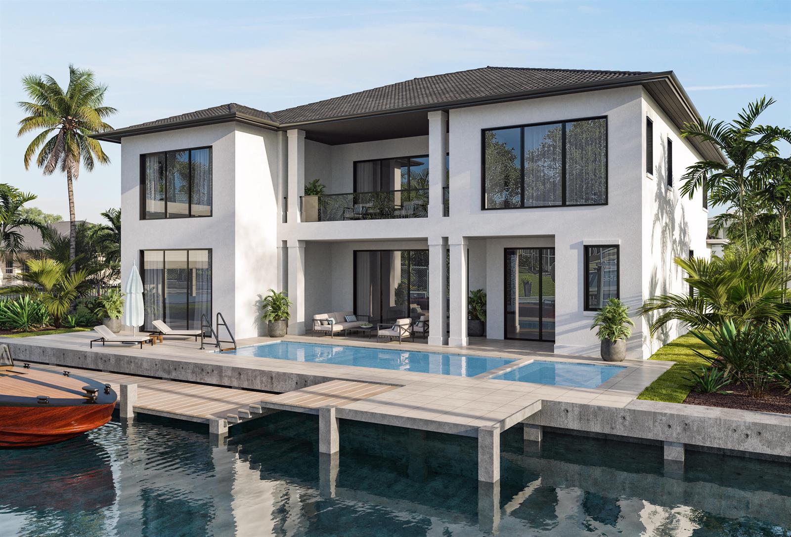 This architectural rendering shows a two-story waterfront home with a pool and private dock — 757 Appleby Street, Boca Raton FL 33487, BOCA RATON, FL