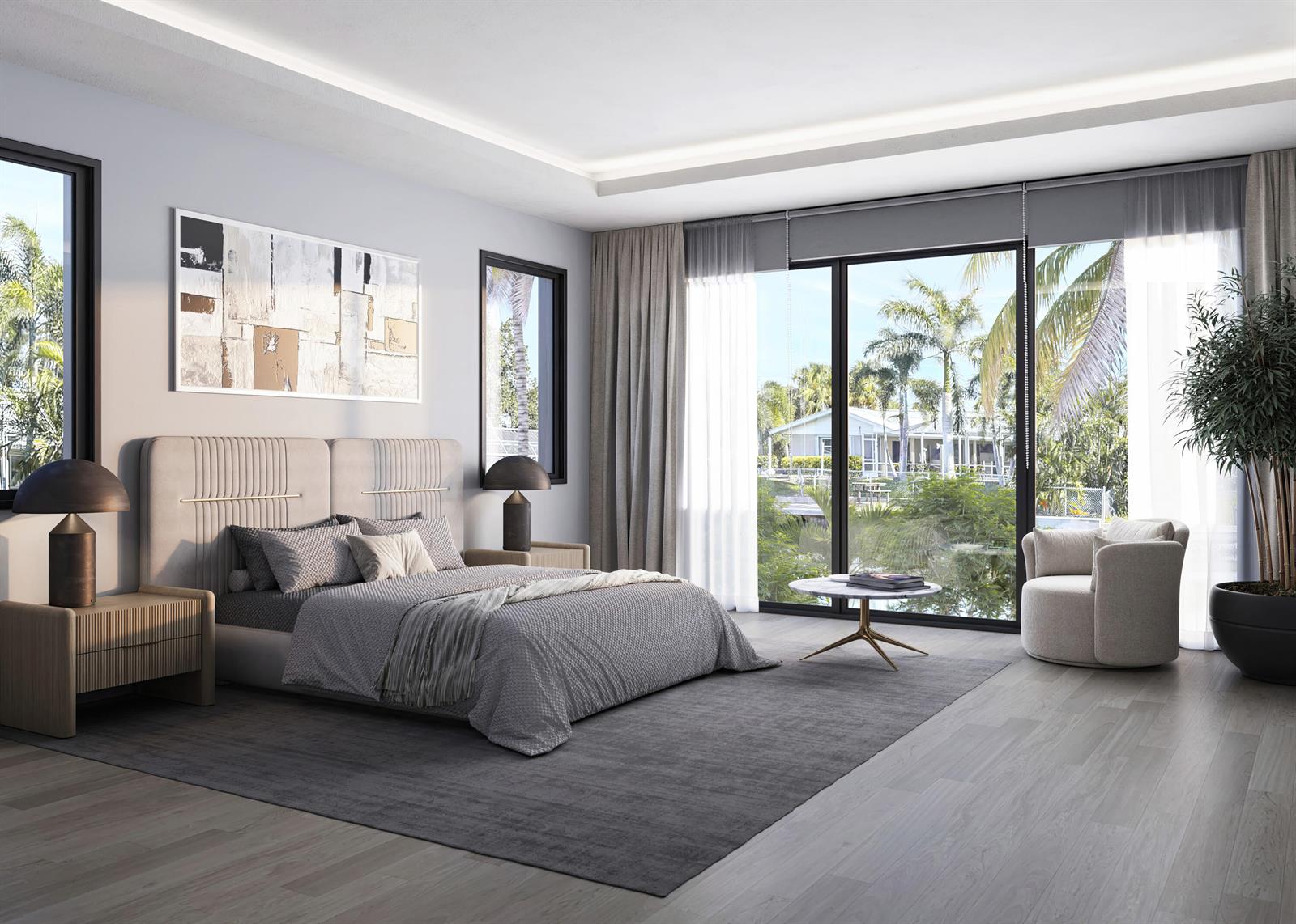 This rendering shows a modern bedroom with a gray bed, area rug, and floor-to-ceiling windows — 757 Appleby Street, Boca Raton FL 33487, BOCA RATON, FL
