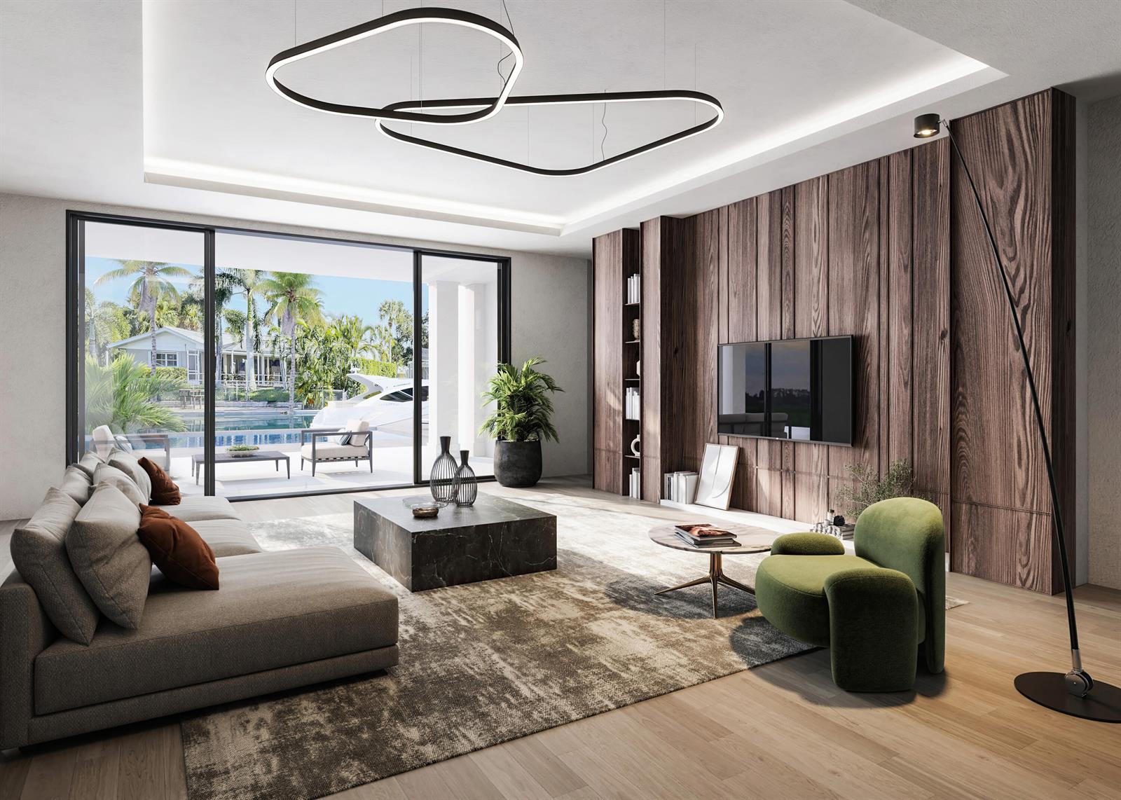 This rendering shows a modern living room with wood paneling, a large sofa, and patio access — 757 Appleby Street, Boca Raton FL 33487, BOCA RATON, FL