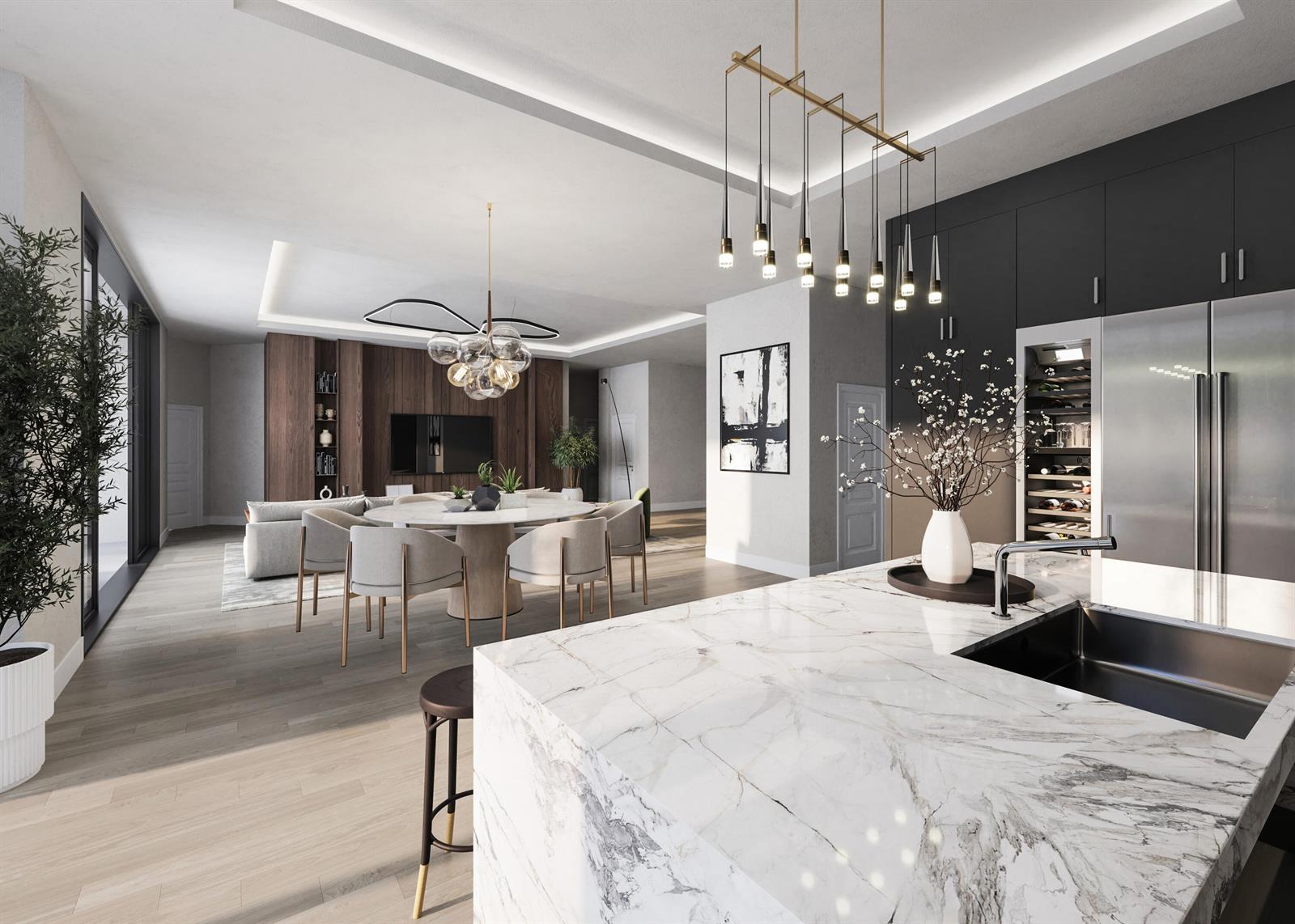 This is a rendering of an open-concept living, dining, and kitchen area with marble countertops — 757 Appleby Street, Boca Raton FL 33487, BOCA RATON, FL
