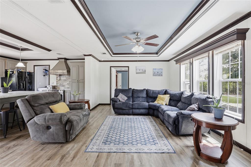 A living room features a blue tray ceiling, gray sectional sofa, and wood-look flooring — 2640 NE 74TH AVENUE, HIGH SPRINGS, FL