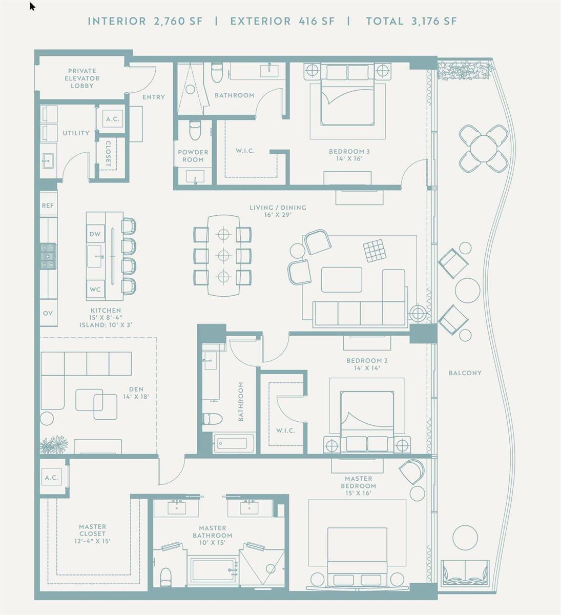 This floor plan shows a three-bedroom luxury apartment with a large balcony and private elevator — 900 N Ocean Boulevard # 802, Pompano Beach FL 33062, POMPANO BEACH, FL