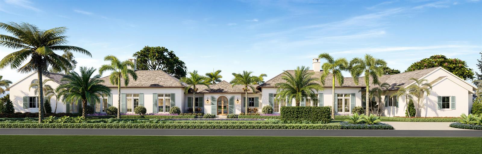 This is a rendering of a sprawling, single-story white house with palm trees and landscaping — 302 S Beach Road, Jupiter Island FL 33455, JUPITER ISLAND, FL