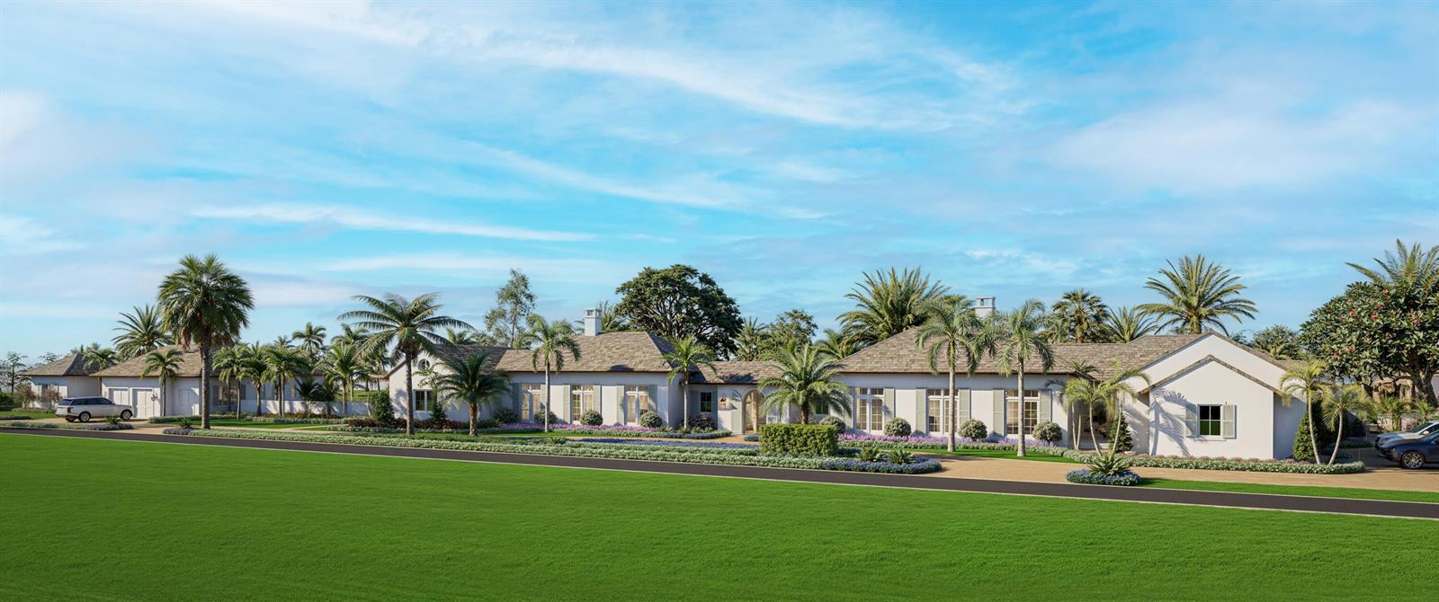 This is a digital rendering of a sprawling, single-story white house with palm trees — 302 S Beach Road, Jupiter Island FL 33455, JUPITER ISLAND, FL