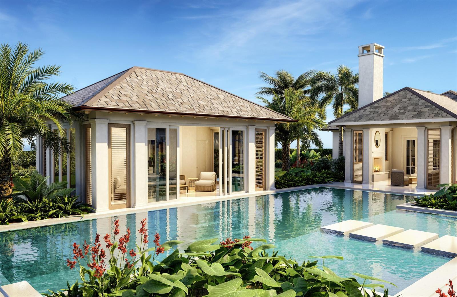 This architectural rendering shows a luxury home with a swimming pool and outdoor living space — 302 S Beach Road, Jupiter Island FL 33455, JUPITER ISLAND, FL