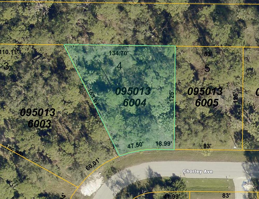 This is a map showing the property boundaries and dimensions of a wooded residential lot — 8370 CHORLEY AVENUE, NORTH PORT, FL