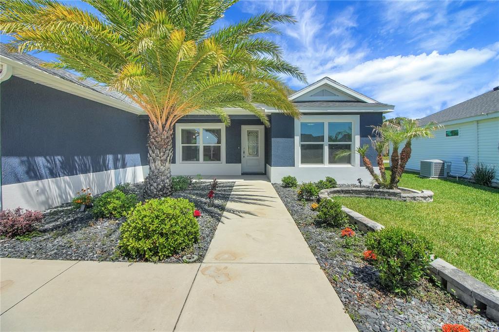 A blue house with a palm tree, a concrete walkway, and a landscaped front yard — 4151 BALCHARAN TERRACE, THE VILLAGES, FL