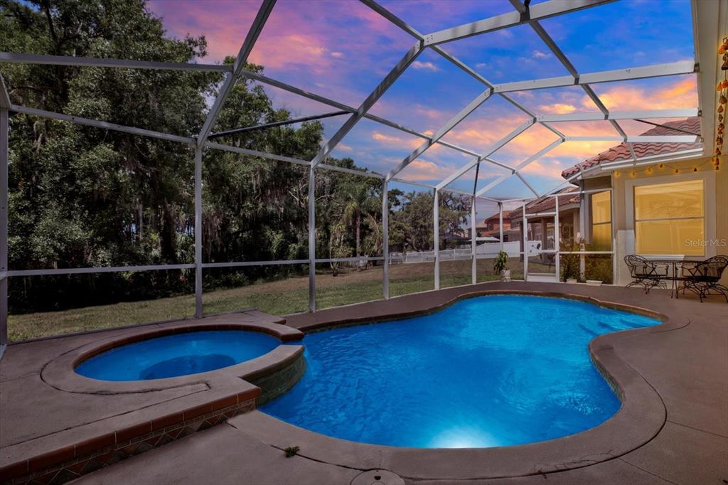 A swimming pool and attached spa are enclosed within a screened lanai at sunset — 9137 CREEDMOOR LANE, NEW PORT RICHEY, FL