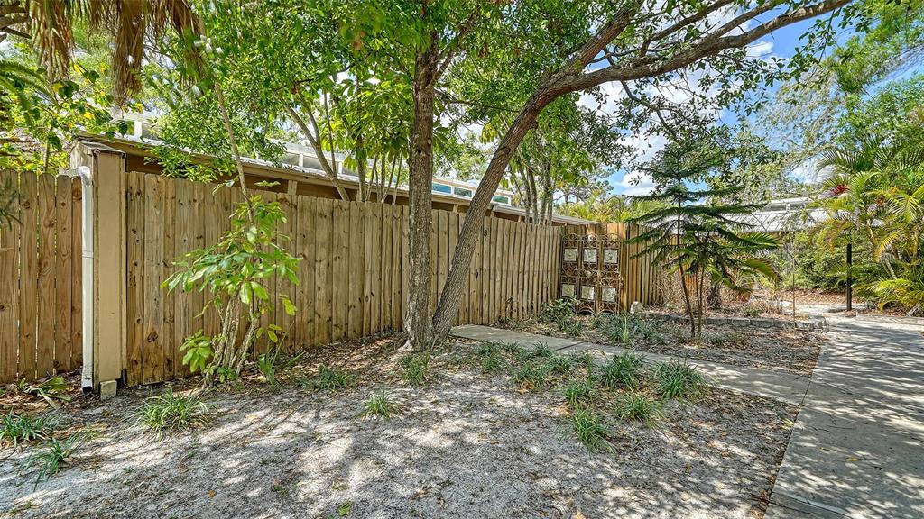 A wooden fence borders a sandy yard with trees and a concrete walkway — 500 N JEFFERSON AVENUE UNIT B-5, SARASOTA, FL