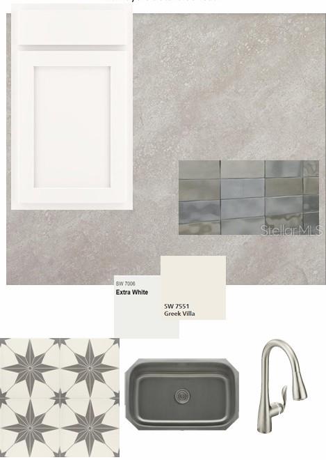 This design board displays kitchen finish samples, including cabinetry, tile, countertops, and plumbing fixtures — 6355 JENSEN VIEW AVENUE, APOLLO BEACH, FL