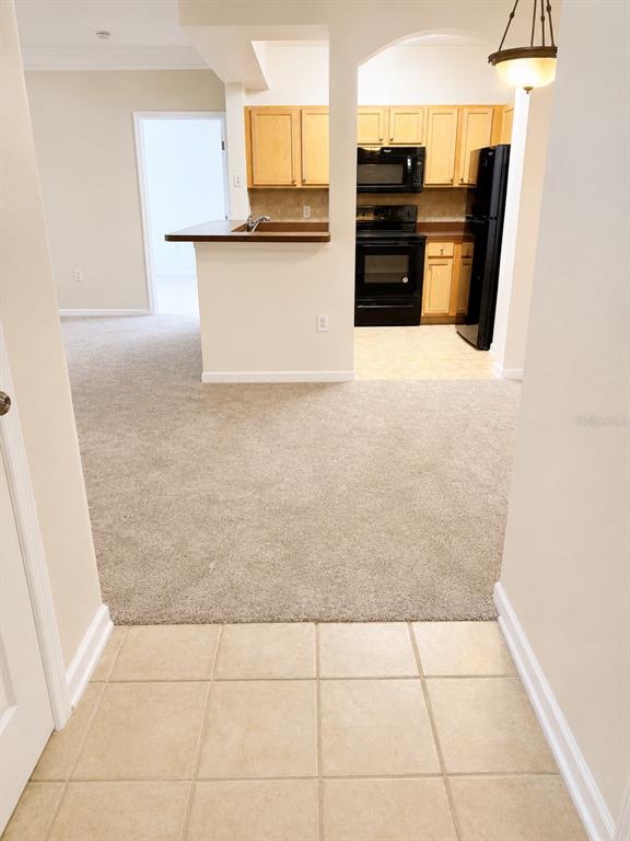 A view from a tiled entryway looking toward a carpeted living area and kitchen — 12849 MADISON POINT CIRCLE UNIT 201, ORLANDO, FL