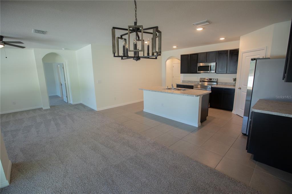 An open-concept kitchen with dark cabinets and an island overlooks a carpeted living area — 5618 GEIGER ESTATES DRIVE, ZEPHYRHILLS, FL