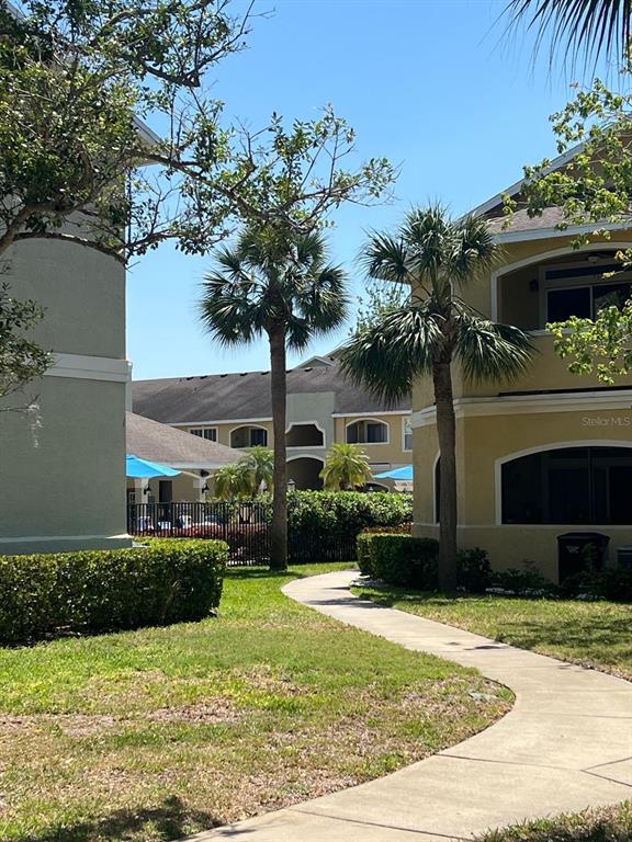 A paved walkway leads between two apartment buildings with palm trees and manicured hedges — 1234 S MISSOURI AVENUE UNIT 316, CLEARWATER, FL