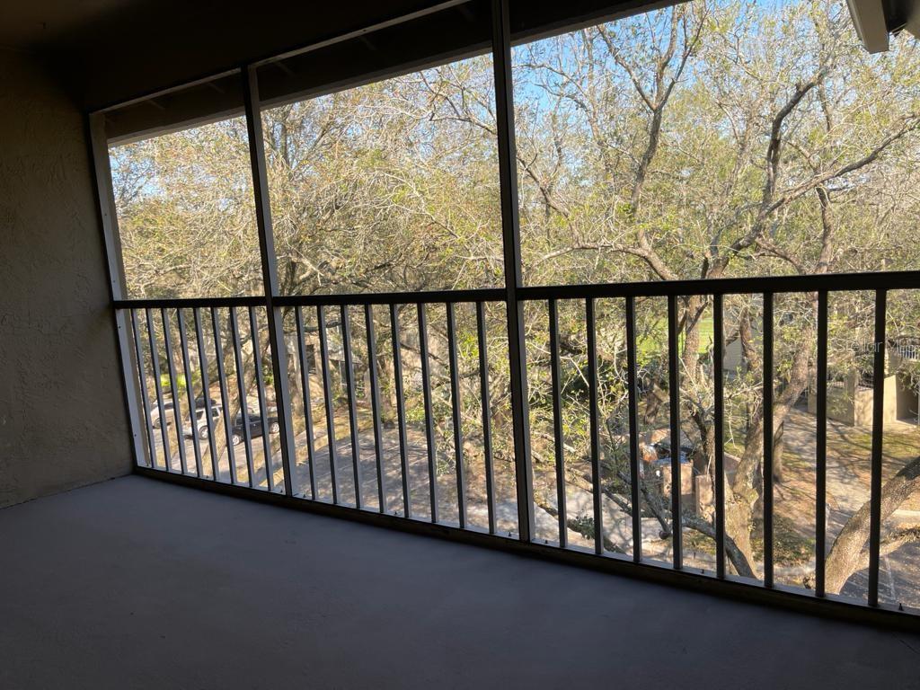 A screened-in balcony with metal railings overlooks trees and a parking area — 623 DORY LANE UNIT 309, ALTAMONTE SPRINGS, FL