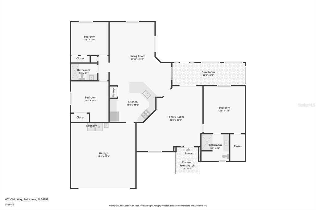 This is a floor plan of a single-story house with a garage and sunroom — 402 OHIO WAY, KISSIMMEE, FL