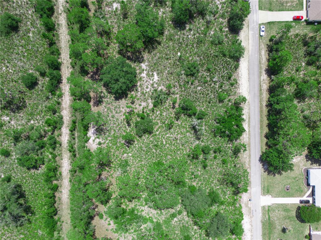 An aerial view shows a vacant, wooded lot situated next to a paved residential road — 618 GARDENIA DRIVE, INDIAN LAKE ESTATES, FL