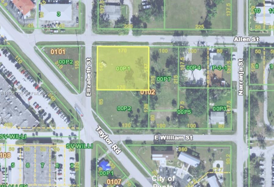 This is a map showing a vacant rectangular land parcel highlighted in yellow — 1226 Taylor, Punta Gorda FL 33950, PUNTA GORDA, FL