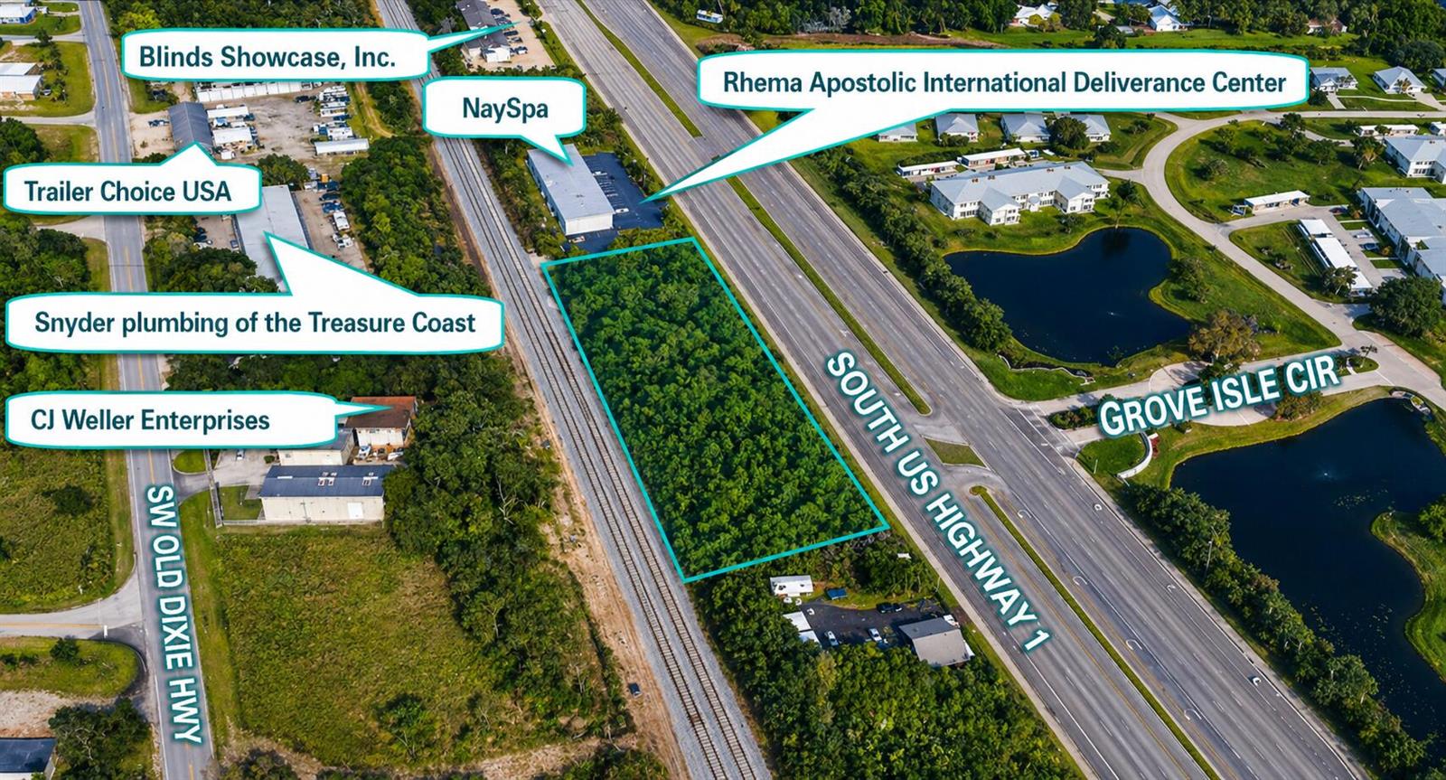 An aerial map shows a vacant, wooded lot bordered by a highway and railroad tracks — 1437 U.s. 1, Vero Beach FL 32960, VERO BEACH, FL