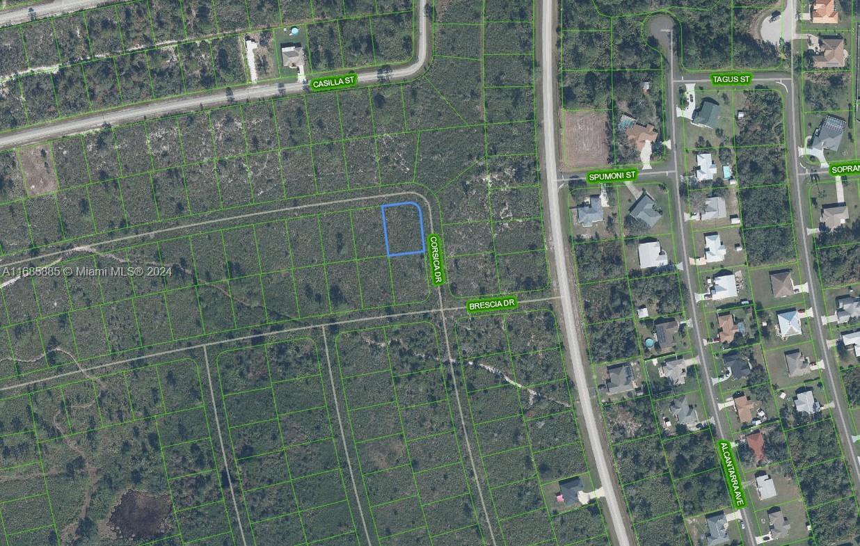 This is an aerial map showing a highlighted vacant lot at the corner of two streets — 5126 Corsica Dr., Sebring FL 33872, SEBRING, FL
