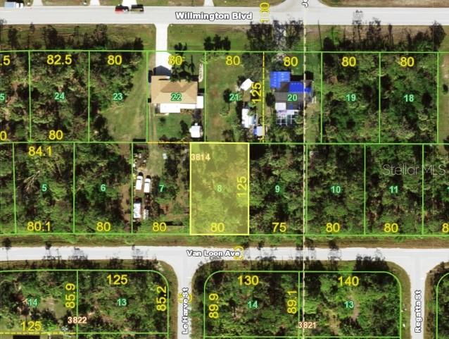 This is an aerial map showing a vacant residential lot highlighted in yellow — 11990 VAN LOON AVENUE, PORT CHARLOTTE, FL