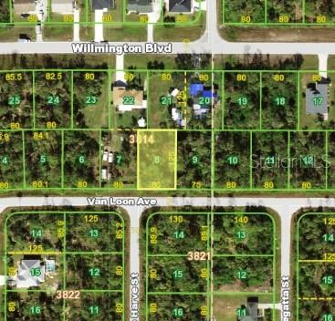 This is a satellite map showing a vacant residential lot highlighted in yellow — 11990 VAN LOON AVENUE, PORT CHARLOTTE, FL