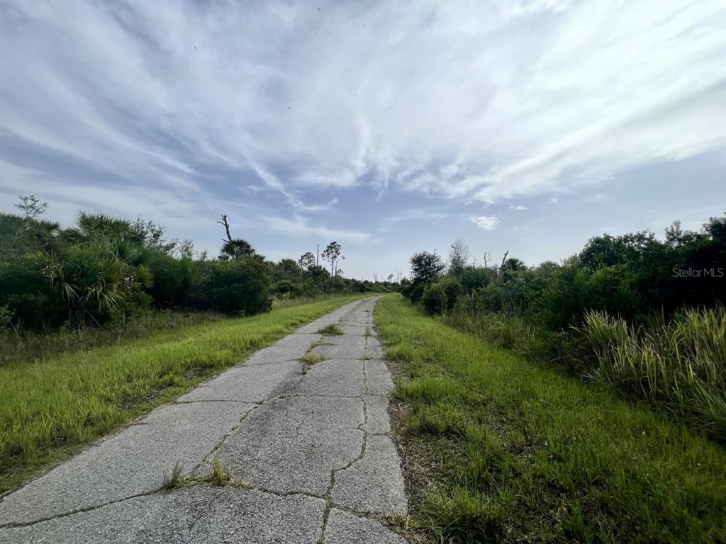 A cracked, narrow asphalt road stretches through a grassy, undeveloped landscape under a cloudy sky — EWEN DRIVE, NORTH PORT, FL